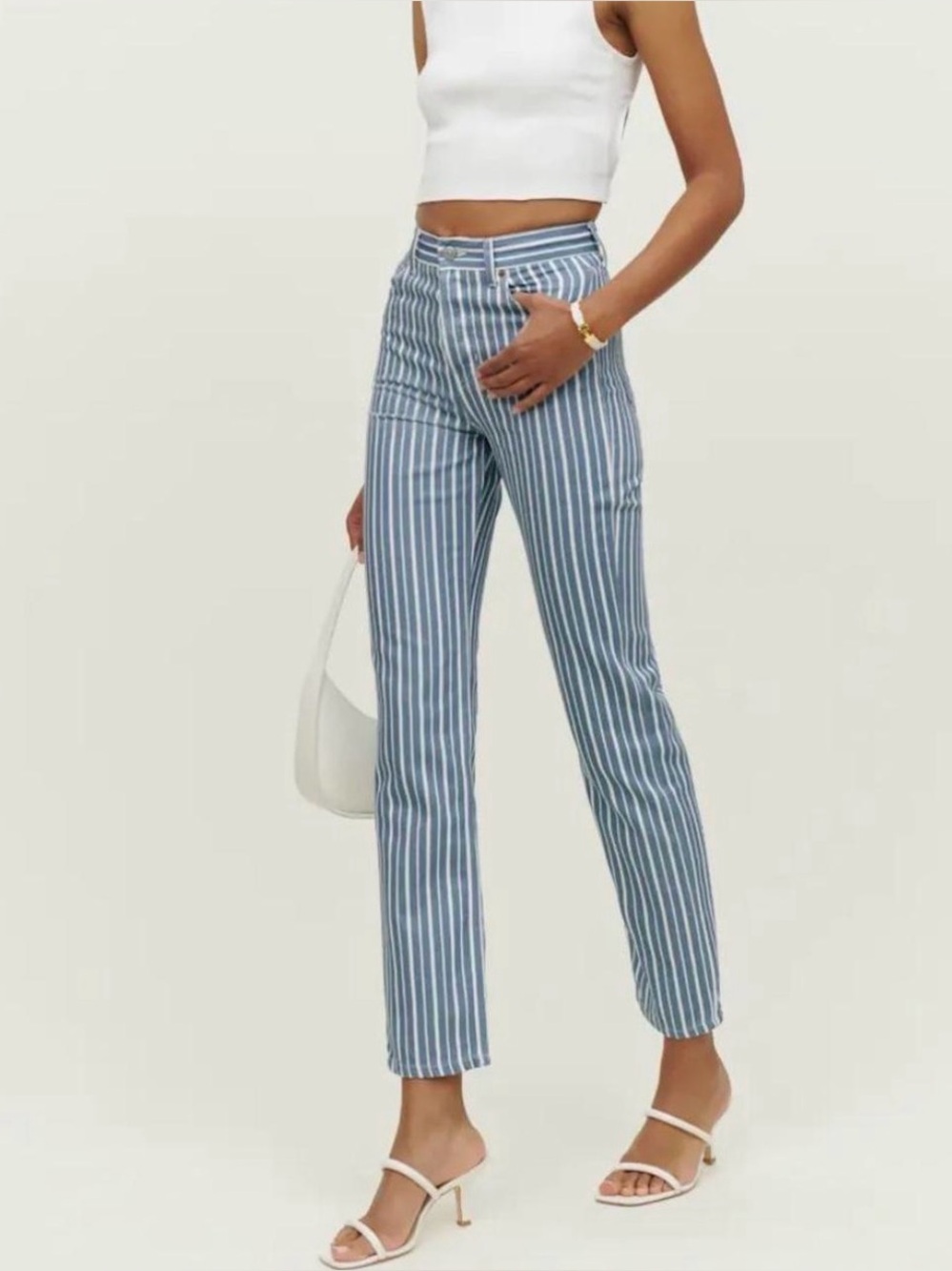 Reformation Teal and White Striped Straight Leg Jeans NWT